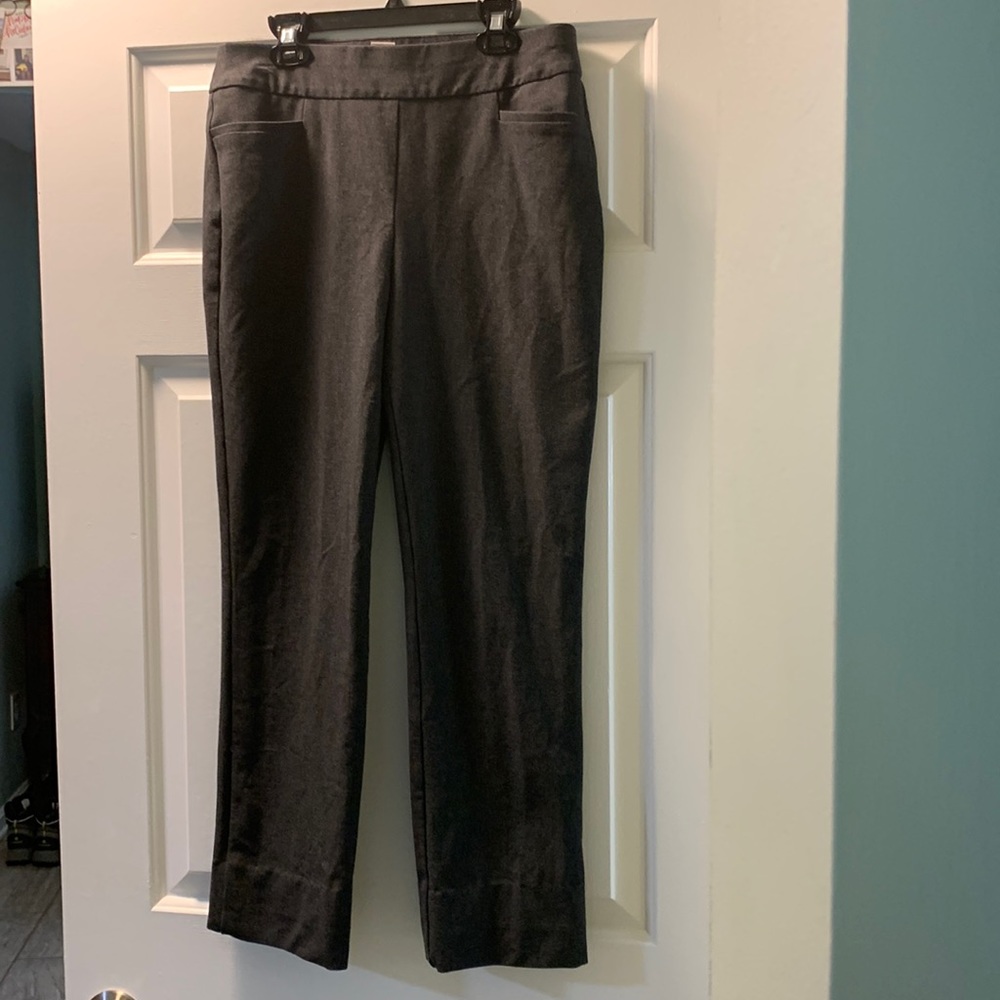 Chico’s pants, gray, flat front, pockets, elastic waist, size OR US 4R